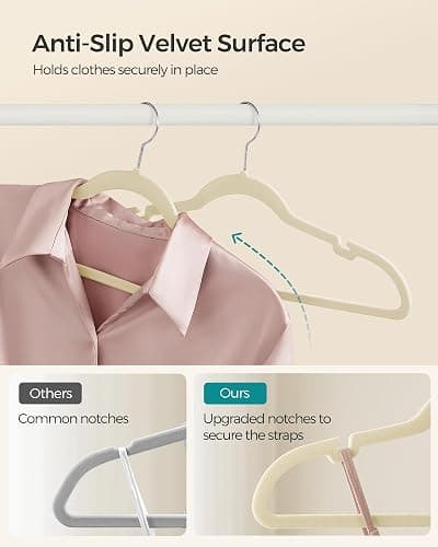 SONGMICS Velvet Hangers, Non-Slip Clothes Hangers with Shoulder Notches, Pants Bar, 360° Swivel Hook, Space-Saving, for Closet, 50 Pack, Summer Sand UCRF029K05 thumbnail 4