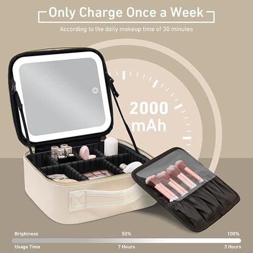 Jadazror Portable Travel Makeup Bag with Lighted Mirror, 3 Color Brightness, Beige thumbnail 4