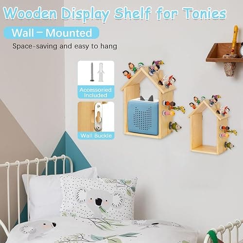 for Tonies Shelf Magnetic - for Tonies Figure Organizer Kids Room, Wooden Display Shelf for Tonies Box Holder, Wall Floating Shelves Toy Storage, House Shape Set of 2 with 38Pcs Adhesive Metal Plate thumbnail 7