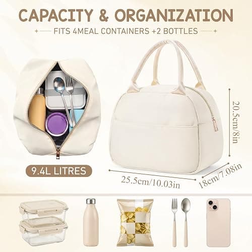 Cunno Insulated Nylon Lunch Bag for Women Man Adult Lightweight Cream Food Box Leakproof Cooler Food Containers Reusable Large Capacity Water Resistant Lunch Bag for Work Picnic or Travel thumbnail 2