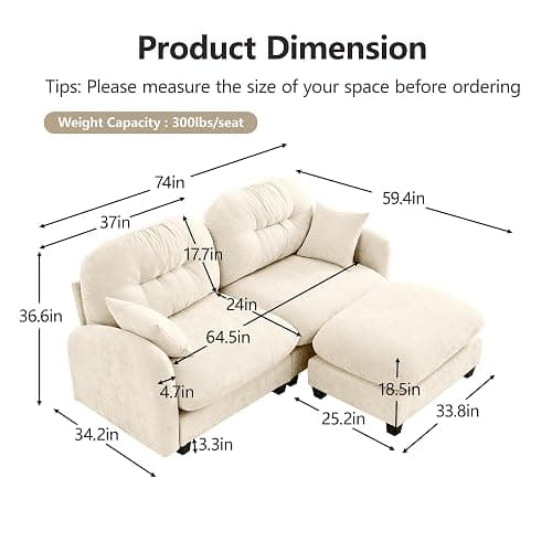 YESER 74" Modular Sectional Sofa Cloud Couch, L Shaped Couch with Movable Ottoman, Modern Loveseat Deep Seat Sectional Couches for Living Room, Comfy Chenille Sofa Modular Couches for Bedroom,Beige thumbnail 3