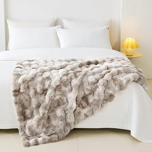 Faux Rabbit Fur Throw Blanket for Couch, Fluffy Warm Plush Thick Bubble Blanket for Bed Sofa Living Room, Soft Cozy Furry Blanket, 50x60 inches, Tie-dye Khaki thumbnail 4