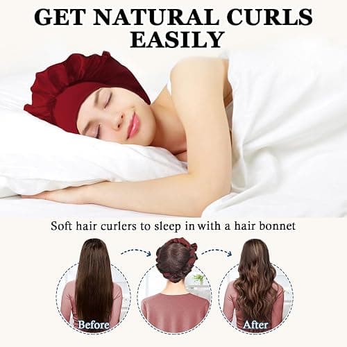Gwabee No Heat Overnight Hair Curlers - 70" Soft Ribbon Curl Wrap with 9 Curling Rods, Headband for Long Hair Rollers - Burgundy thumbnail 2
