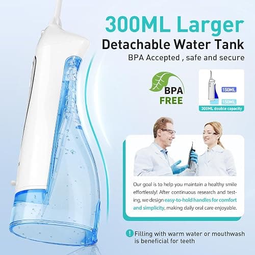 COSLUS Water Dental Flosser Teeth Pick: Portable Cordless Oral Irrigator 300ML Rechargeable Travel Irrigation Cleaner IPX7 Waterproof Electric Flossing Machine for Teeth Cleaning C20(F5020E) White thumbnail 3