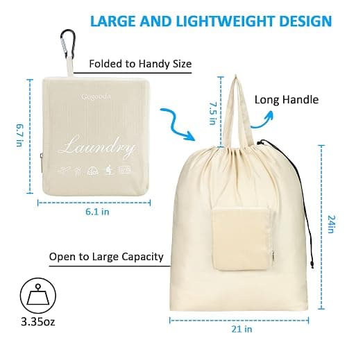 GOGOODA Travel Laundry Bags with Drawstring Closure XL Large Foldable Dirty Clothes bags with Handle Heavy Duty and Washable for College Dorm Travelling Camping, 2 Pack, Black & Beige thumbnail 2
