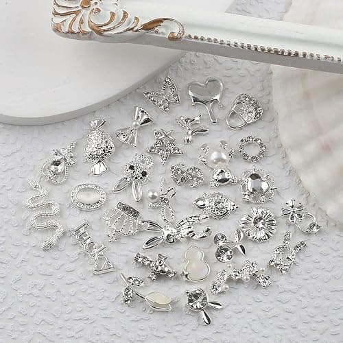 30 Stück Luxus Zirkon Nagel Charms 3D Legierung Nailart Anhänger Silber Nail Art Metall Schmuck Strasssteine für Schmetterling Herz Schlange Blume Glitzersteine Zubehör thumbnail 7