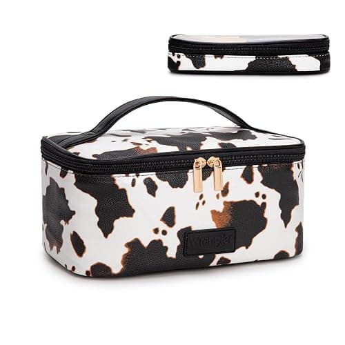 Montana West X Wrangler Travel Makeup Bag 2pcs Set Large Cosmetic Bag with Makeup Brush Holder Portable Make Up Organizer Cute Toiletry Bag with Divider and Handle for Women - Image 1
