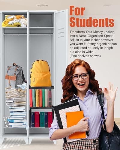 Piffny Locker Organizer Shelf， Adjustable Width and Height, Stackable, Ideal Locker Shelf for School, Office, Gym Lockers, or Even Kitchen Cabinets & Under Sink Organization (White 1 Pack) thumbnail 4