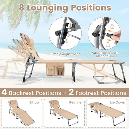 COSTWAY Tanning Chair with Face Hole, Folding Beach Lounge Chair with 4-Position Adjustable Backrest, Pillow & Side Pocket, Foldable Chaise Lounge Chair Outdoor for Sunbathing, Camping (1, Beige) thumbnail 5