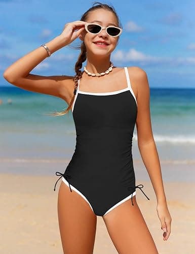 TyeSmo Girls Swimsuit One Piece Bathing Suit Color Block Strap Swimwear Drawstring Swimsuits for Teens 9-16Y with Padded thumbnail 4