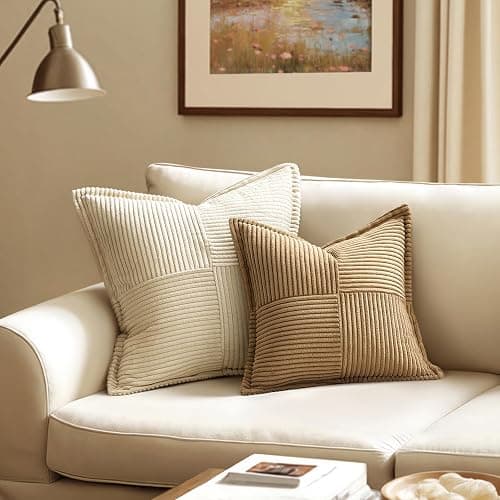 MIULEE Decorative Throw Pillow Covers for Couch Bed Livingroom 18x18 Inch Set of 2 Brown Boho Accent Throw Pllows Broadside Striped Patchwork Soft Corduroy Pillowcases thumbnail 2