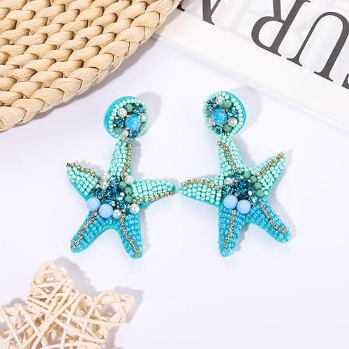 Beaded Starfish Earrings for Women Hypoallergenic Boho Cute Pearl Rhinestone Bead Starfish Dangle Drop Earrings Spring Summer Beach Rattan Shell Embellished Round Dangling Earrings Fun Handmade Beach Vacation Earrings Fashion Jewelry Accessories Gift thumbnail 4