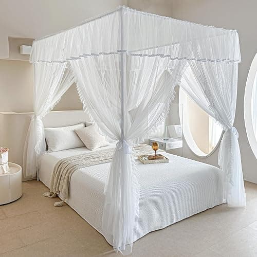 AIKASY 4 Corners Post Ruffle Princess Bed Canopy Curtain - Double Layer Cozy Drape Netting with 4 Openings - Elegant Mosquito Net for Girls and Adults Bedroom Decoration (White, Queen) thumbnail 2