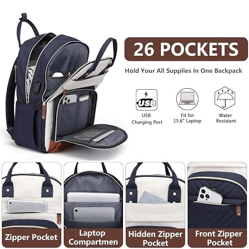 Laptop Backpack for Women, Fits 15.6 Inch Laptop Bag, Fashion Travel Work Backpack Anti-theft Bag with USB Charging, Business Computer Waterproof Backpack Purse, Beige Blue Brown thumbnail 2