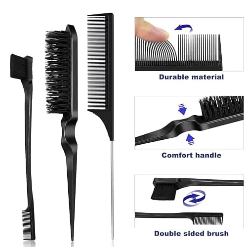 Qufiiry 3Stück Sleek Bun BüRste Set, Doppelkanten BüRste Teasing HaarbüRste Set und Rattenschwanz Kamm, Toupier Bürste Set Borsten Haarschnitt Haarkamm für Friseurin Frauen Kinder thumbnail 3