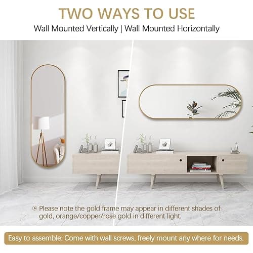Niccy 65"×22" Oval Full Length Mirrors, Long Wall-Mounted Mirror with Aluminum Frame, Large Body Mirrors for Living Room, Explosion-Proof Hanging Wall Mirror for Bathroom Bedroom Entryway Decor, Gold thumbnail 5