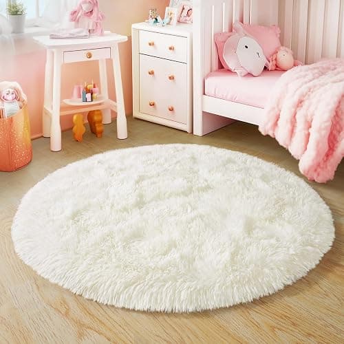 Quntue 3'x3' Cream Round Rugs for Girls Bedroom, Ultra Soft Fluffy Circle Rug for Kids Room, Cute Small Shag Rugs for Living Room Playroom Tent Castle Home Decor Rug thumbnail 7