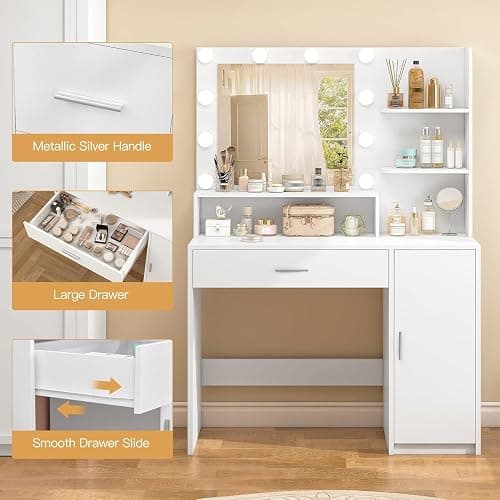 Quimoo Makeup Vanity Desk with Mirror & Lights, Vanity Desk with 5 Drawers & Storage Shelves, Vanity Table, 3 Color Modes & Adjustable Brightness Dressing Table, Bedroom, White thumbnail 8