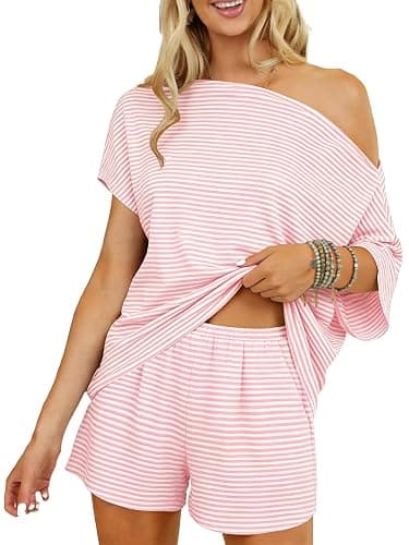 Dressmine 2 Piece Short Sets for Women Sexy Lounge Pjs Cute Batwing Off Shoulder Top Shorts Pajamas Summer Outfits - Image 1