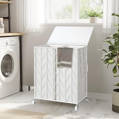 WOWLIVE Laundry Basket with Wheels, Heavy Duty Laundry Hamper with Wood Lid, Clothes Hamper with Divided Removable Liner Bag, Large Capacity Iron-Made Laundry Sorter Laundry Room Organization (White) thumbnail 4