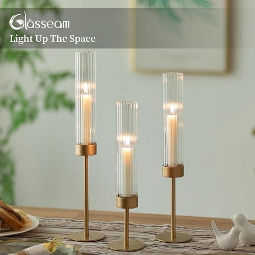 Gold Hurricane Taper Candle Holders: Glasseam 3Pcs Brass Candlestick Holders with Ribbed Glass Cylinder Cover Fluted Tall Candle Sticks Holder Decor for Table Centerpiece Wedding Christmas Decorations thumbnail 2
