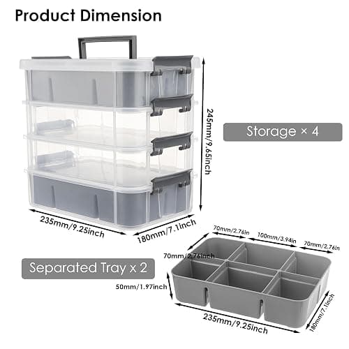 CraftGenes Craft Organizers and Storage, 4-Tier 10 Qt Box, 2 Trays, Grey | Clear Compartments; Dual Removable Inserts; Carry Handle; Side Latches; Beads, Ribbon, Stamps, Scrapbook Pieces, DIY Tools thumbnail 2