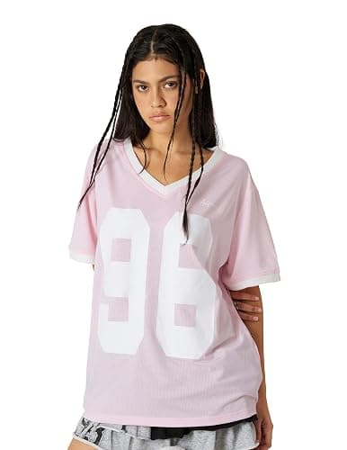 Aelfric Eden Womens Jersey Tshirts Letter Printed Tees V Neck Mesh Short Sleeve 2025 Y2k Summer Casual Tops Clothes - Small - 01 Pink thumbnail 3