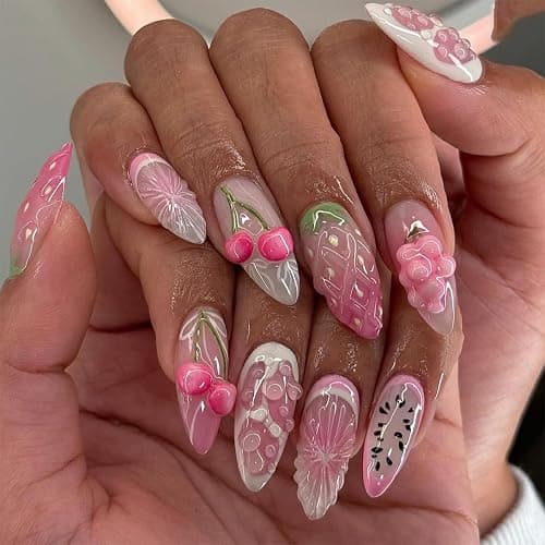 24Pcs Summer Fruit Press on Nails Almond Long Fake Nails with 3D Cherry Strawberry Designs Glossy Pink False Nails Summer Glue on Nails Full Cover Acrylic Stick on Nails for Women Girls DIY Decoration thumbnail 2