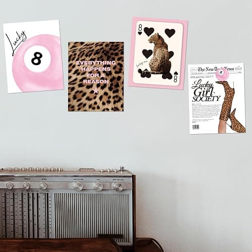 DSHFG Trendy Leopard Cheetah Wall Art Funky Pink Lucky 8 Ball Posters Set of 4, Pink Preppy Room Aesthetic Retro Cheetah Print Room Decor for Teen Girls College Dorm Apartment Bedroom 8x10 Unframed - Funky Leopard thumbnail 3