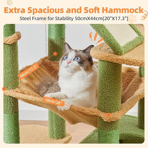 Taoqimiao Cactus Cat Tree, 71-Inch Cat Tower for Indoor Cats Large Adult, Multi-Level Large Cat Condo, 8 Sisal Scratching Posts, Metal Frame Cozy Hammock, Scratch Board, 2 Top Perches, MSC026L thumbnail 3