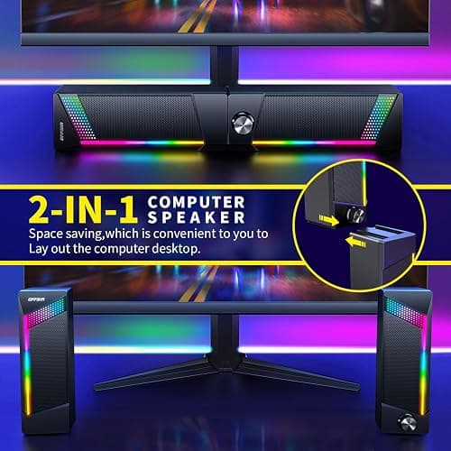 Computer Speakers, 2 in 1 PC Speaker , Gaming Speakers for PC Computer Laptop Desktop Monitor, RGB Speakers with Touch Sensitive Lighting, USB Powered 3.5mm Aux（Package Only Two Speaker, No Soundbar） thumbnail 2