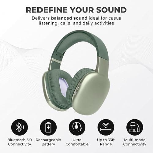 iJoy Ultra Wireless Over-Ear Bluetooth Headphones with Mic, 10H Playtime, Bluetooth Headset with Backup Wire & SD Slot, Wireless Headphones for Work, School & Gym (Green) thumbnail 3