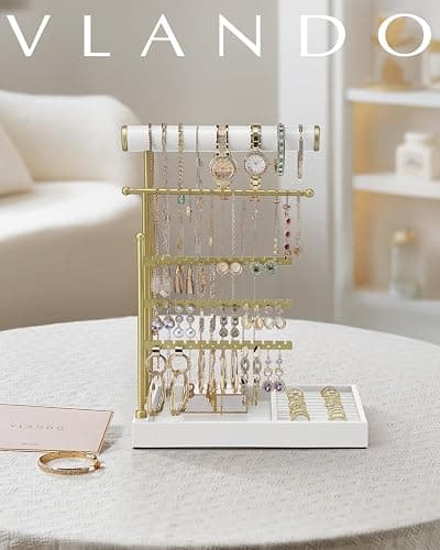 Vlando Jewelry Stand Organizer with Ring Holder, Jewelry Holder Organizer with Tray, Necklace Holder Bracket Holder Earring Holder - White - A. White thumbnail 9