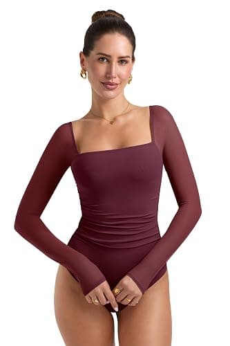 PINKMSTYLE Womens Square Neck Mesh Long Sleeve Bodysuit Shapewear Corset Tops Sexy Concert Outfits Party Shirts thumbnail 5