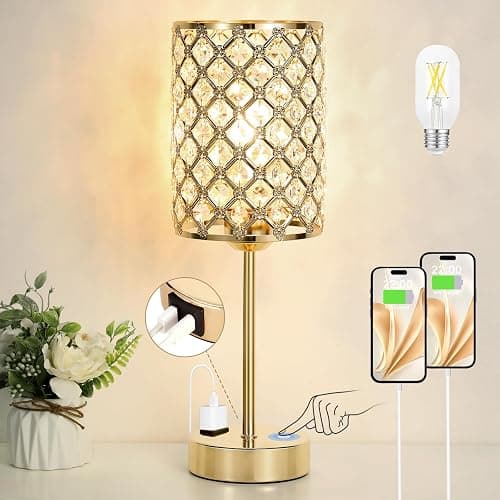Hong-in Gold Lamps for Night Stands-Crystal Table Lamp with USB-C+A & AC Charging Ports, 3-Way Dimmable Nightstand Touch Lamp, Bedside Desk lamp for Bedroom Living Room Home Office - Image 1