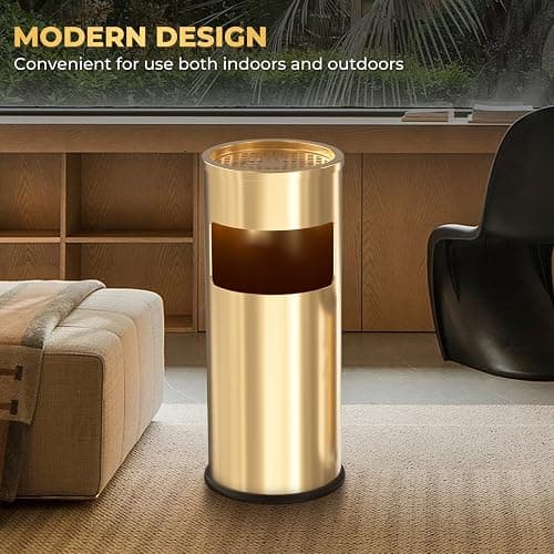 POWLAB Trash Can Outdoor Waste Container Round Stainless Steel Trash Can with Removable Inner Bucket for Disposal Commercial Waste Container 9.8 x 24-Gold Tone thumbnail 5