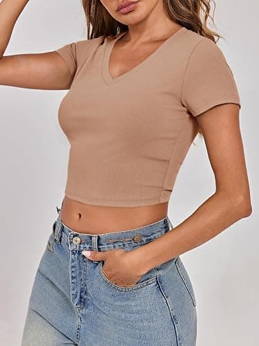 Tankaneo Womens Crop Tops Ribbed V Neck Short Sleeve Summer Basic Tees Slim Fit Y2k Shirts thumbnail 4