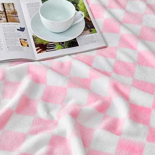 Edenleaf Pink Checkered Fleece Throw Blanket for Couch Warm Home Decor | Ultra Soft Cozy Fuzzy Blanket for Bed Sofa, Fluffy Lightweight Throw for Travel, Cute Holiday Gifts, All Seasons, 50"x60" thumbnail 5