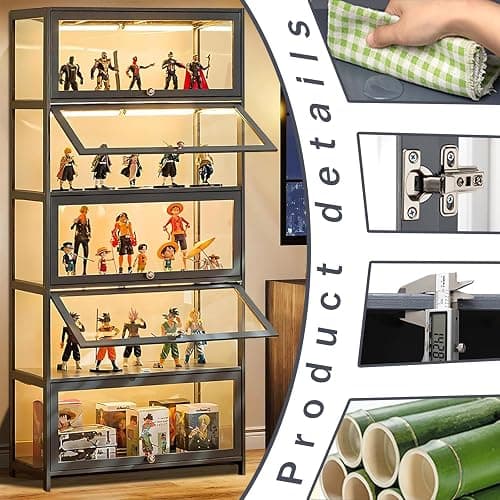 Display Cabinet with Acrylic Glass Doors, 5-Tier Transparent Bamboo Curio Display Case for Figures, Display Shelves for Collectibles & Kids Bookcase for Home, Office, Playroom, Living Room - Grey-flip Door thumbnail 3