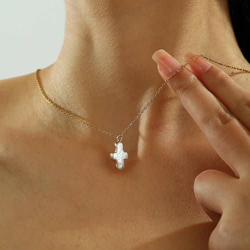ALRNBY Pearl Cross Necklace for Women Gifts for Christmas Natural Chunky Baroque Pearl Necklaces Big Gold Cross Necklace Christian Gifts Stainless Steel Chain Necklace for Men Trendy thumbnail 2