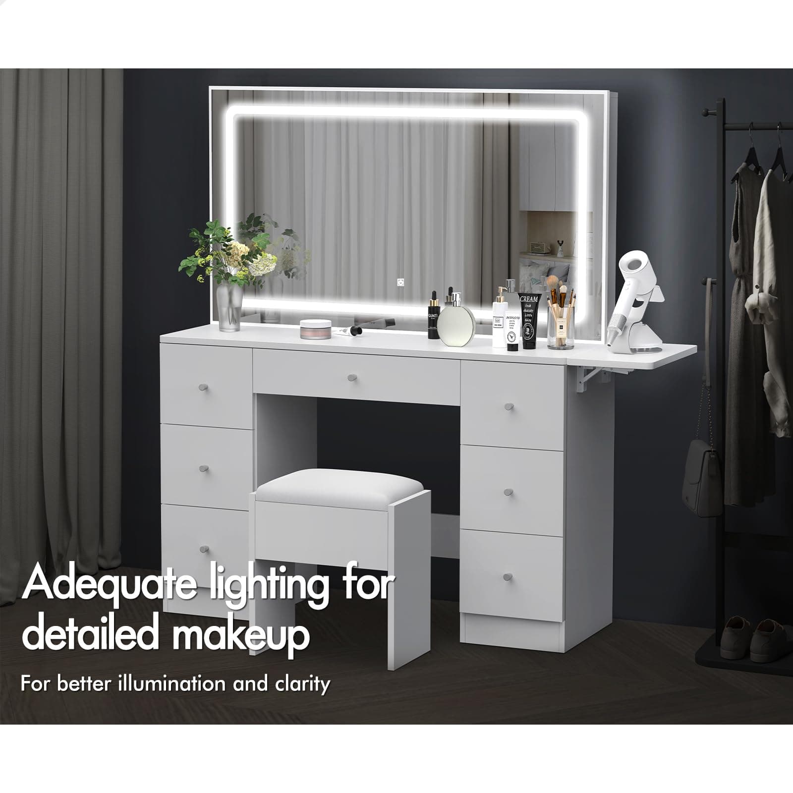 ALFORDSON Vanity Dressing Table Chair Set with LED Mirror, 140cm Dress Table and Matching Stool Sets, Makeup Desk with Extendable Countertop, White thumbnail 7