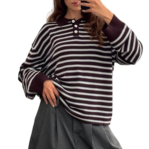 Oversized Striped Sweater for Women Collared Long Sleeve Preppy Polo Sweater Vintage Aesthetic Knitted Rugby Shirts - Image 1