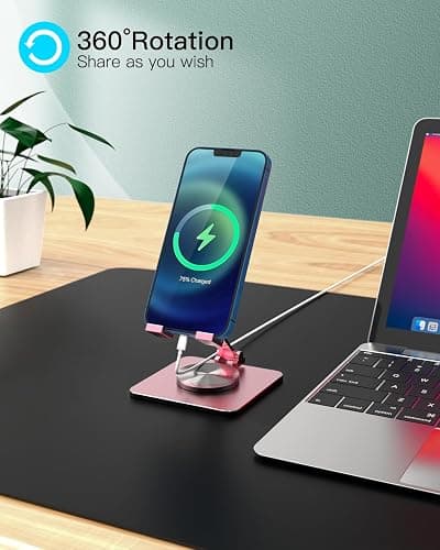 SOJUNER Cell Phone & Tablet Stand for Desk, Aluminum Adjustable Holder for iPhone, iPad & Smartphones || Foldable Mount with 360° Swivel, Stable Base & Portable Design for 4–9.7in Devices, Pink thumbnail 5
