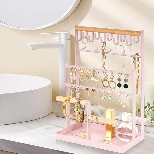 ProCase Jewelry Organizer Stand Necklace Organizer Earring Holder, 6 Tier Jewelry Stand Necklace Holder with 15 Hooks, Jewelry Tower Display Rack Storage Tree for Bracelets Earrings Rings -Pink thumbnail 7