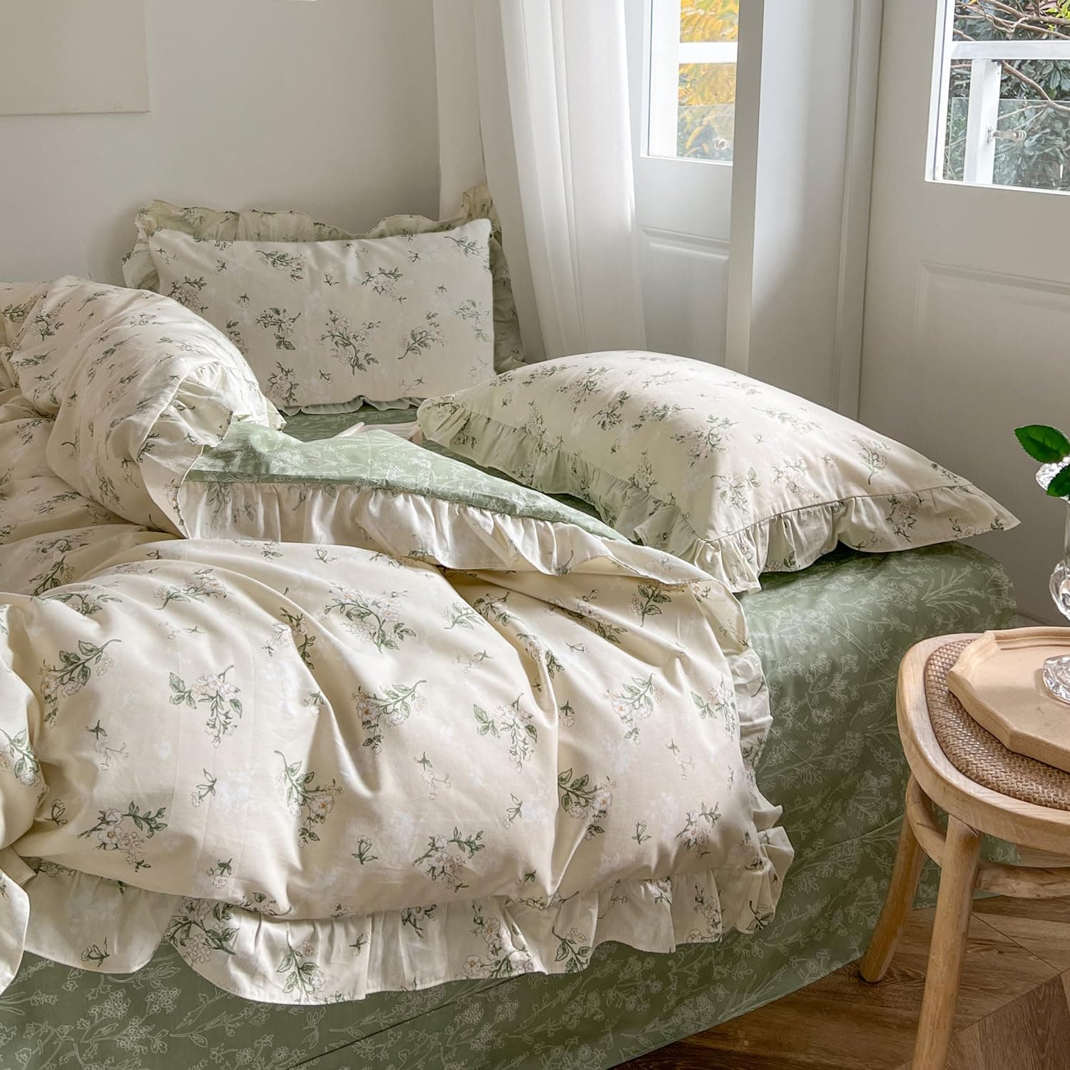 mixinni Reversible Green Floral Duvet Cover Set Full Size - 100% Cotton Botanical Bedding Set with Ruffle Lace, 3PCs Beige Soft Aesthetic Cottagecore Style Duvet Cover for Girls thumbnail 4