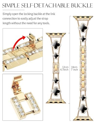 CTYBB Bling Diamond Band Compatible with Apple Watch Bands for Women 42mm 44mm 45mm 46mm Series 11 10 9 8 7 6 5 4 SE 3 2 1, Sparkle Metal Bracelet Wristband, Cute Lucky Clover Dressy iWatch Band,Gold/Black thumbnail 3