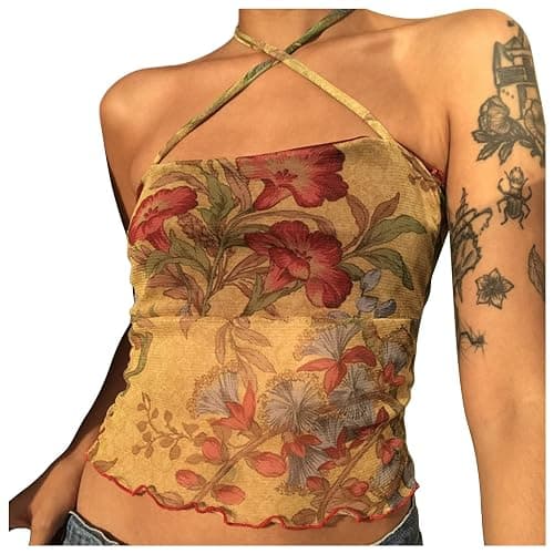 Women Y2k Tube Tops Halter Sleeveless Floral Print Backless Aesthetic Slim Crop Tank Top Cami Streetwear - Image 1