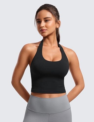 CRZ YOGA Butterluxe Women's Halter Neck Sports Bra Padded Longline Yoga Bras Workout Sport Crop Top with Built in Shelf Bra thumbnail 2