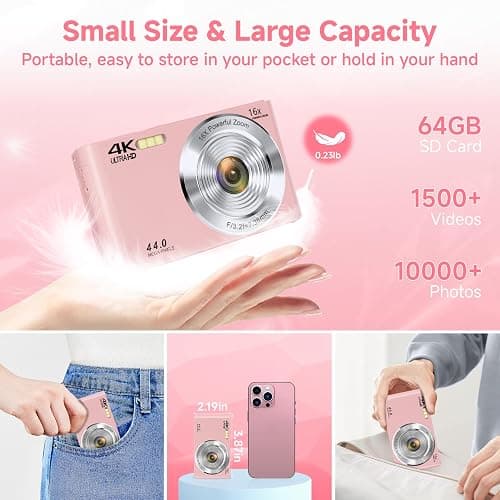 Digital Camera, FHD 4K Autofocus Digital Camera Pink with 64GB SD Card 16X Zoom, 2026 Upgraded Compact Cameras for Photography Point and Shoot Small Camera for Teen Boys Girls Kids Travel Adventures thumbnail 5