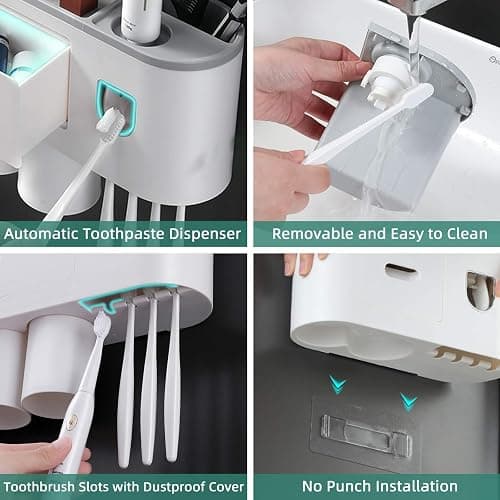 Toothbrush Holder Wall Mounted, Automatic Toothpaste Dispenser Squeezer Kit -Magnetic Toothbrush Holder for Bathroom and Vanity, 4 Brush Slots 2 Cups 1 Cosmetic Drawer - Grey - 2 cups thumbnail 4